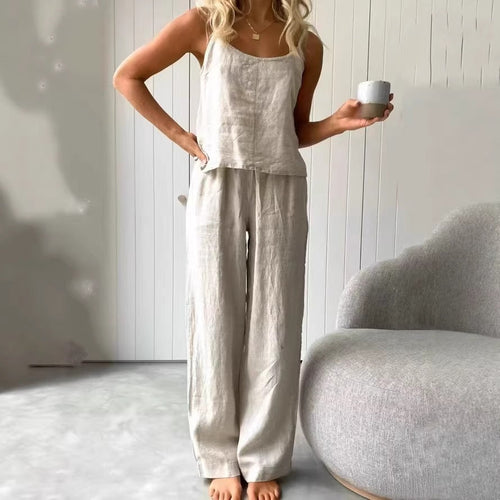 Damen lässiges Leinen-Set mit Trägershirt und weiten Hosen Nord Taschen