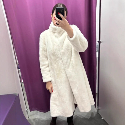 Damen Maxi Kunstfell-Mantel mit Oversize-Schnitt und aufgesetzten Taschen Nord Taschen