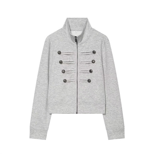 Damen Kurze Sweatjacke im Military-Stil mit Stehkragen und Zierknopfdetails Nord Taschen