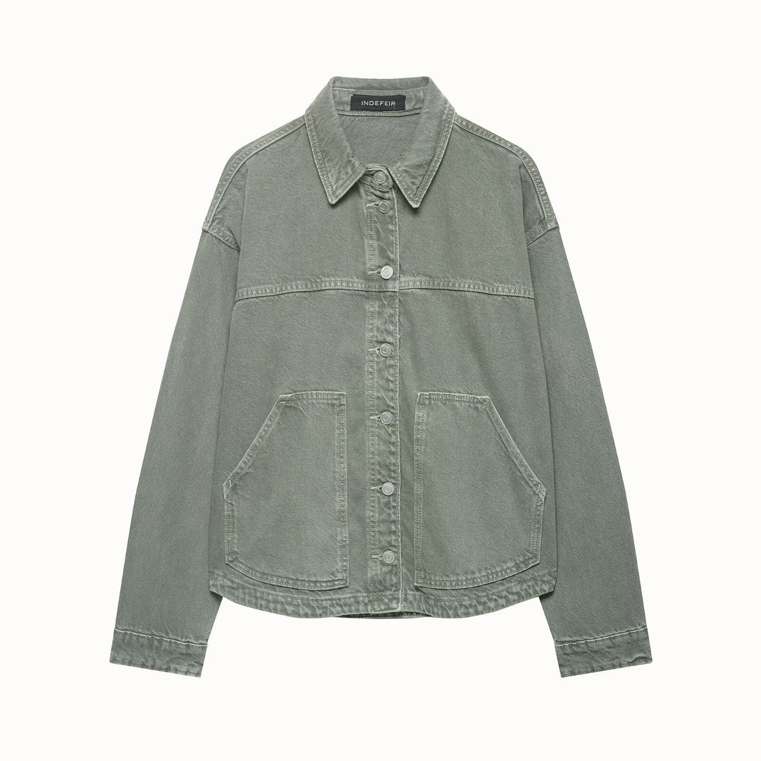 Damen Boxy Cropped Denim-Workerjacke mit großen aufgesetzten Fronttaschen Nord Taschen