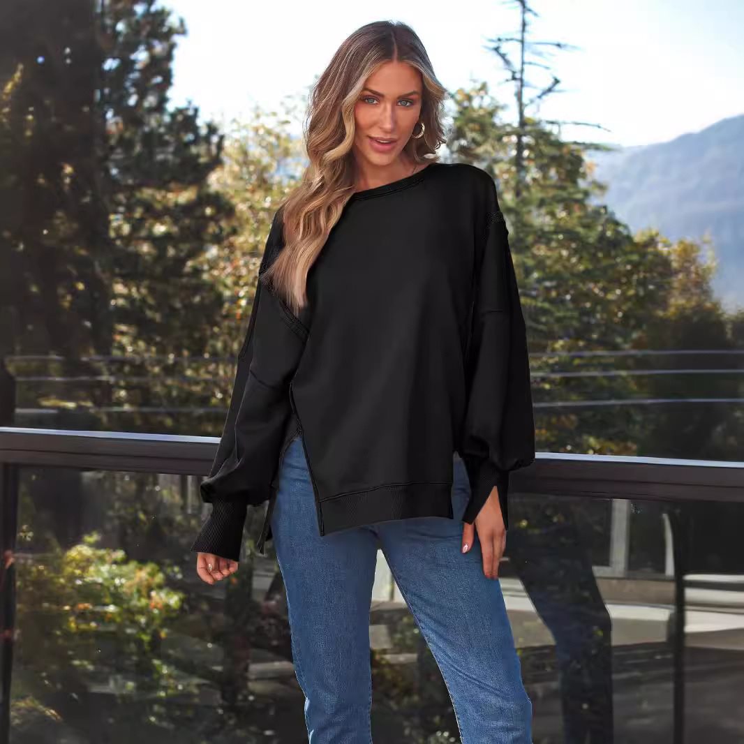 Damen Weiches Longline-Sweatshirt mit Ballonärmeln, seitlichen Schlitzen und geripptem Saum Nord Taschen