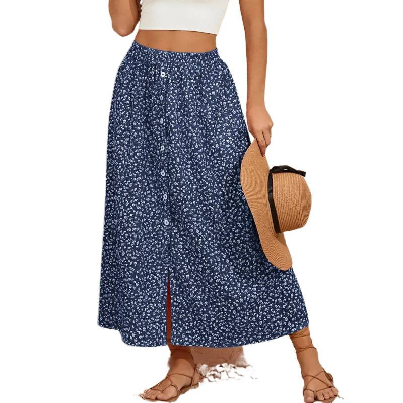 Damen Maxirock mit floralem Design und Knopfdetails