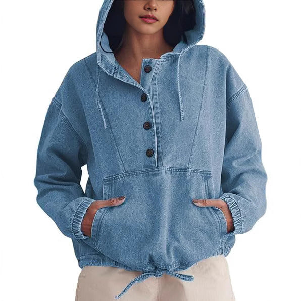 Damen Jeans-Halbanorak mit Kapuze, Kängurutasche und Tunnelzug Nord Taschen