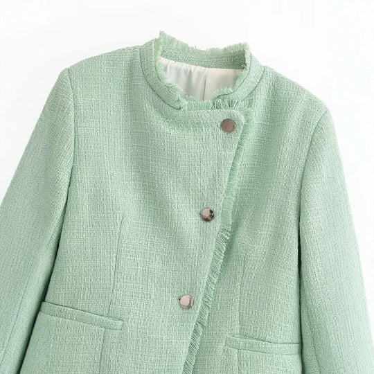 Damen Kurz geschnittene Bouclé-Tweedjacke mit Fransenbesatz und Rundhalsausschnitt Nord Taschen