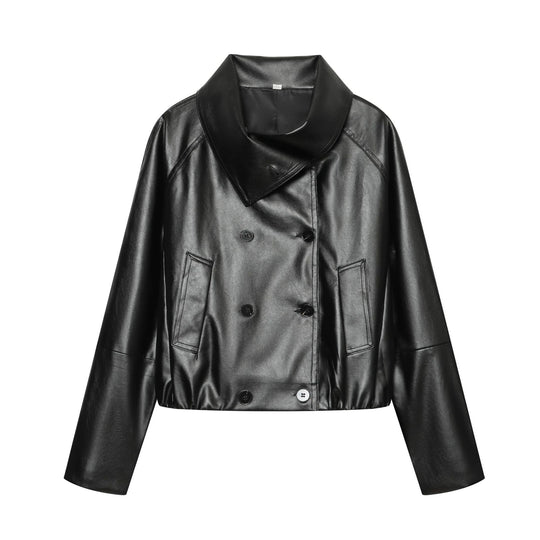 Damen Kurz geschnittener doppelreihiger Kunstlederblouson mit weitem Schalkragen Nord Taschen