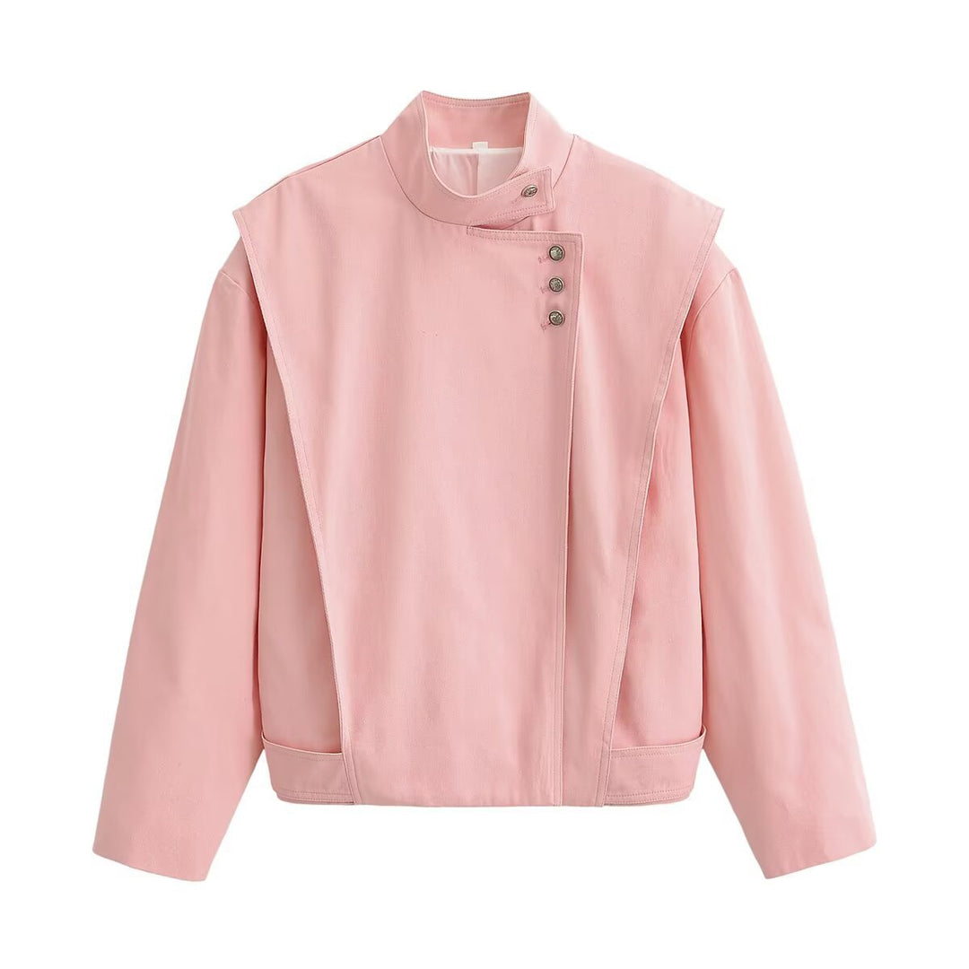 Damen asymmetrische Oversize-Jacke mit hohem Stehkragen und dekorativer Knopfleiste Nord Taschen