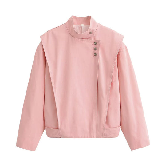 Damen asymmetrische Oversize-Jacke mit hohem Stehkragen und dekorativer Knopfleiste Nord Taschen