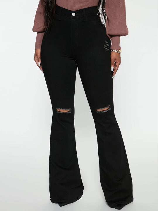 Damen High‑Waist Flared‑Jeans mit Knie‑Rissen und sculptendem Stretchbund Nord Taschen