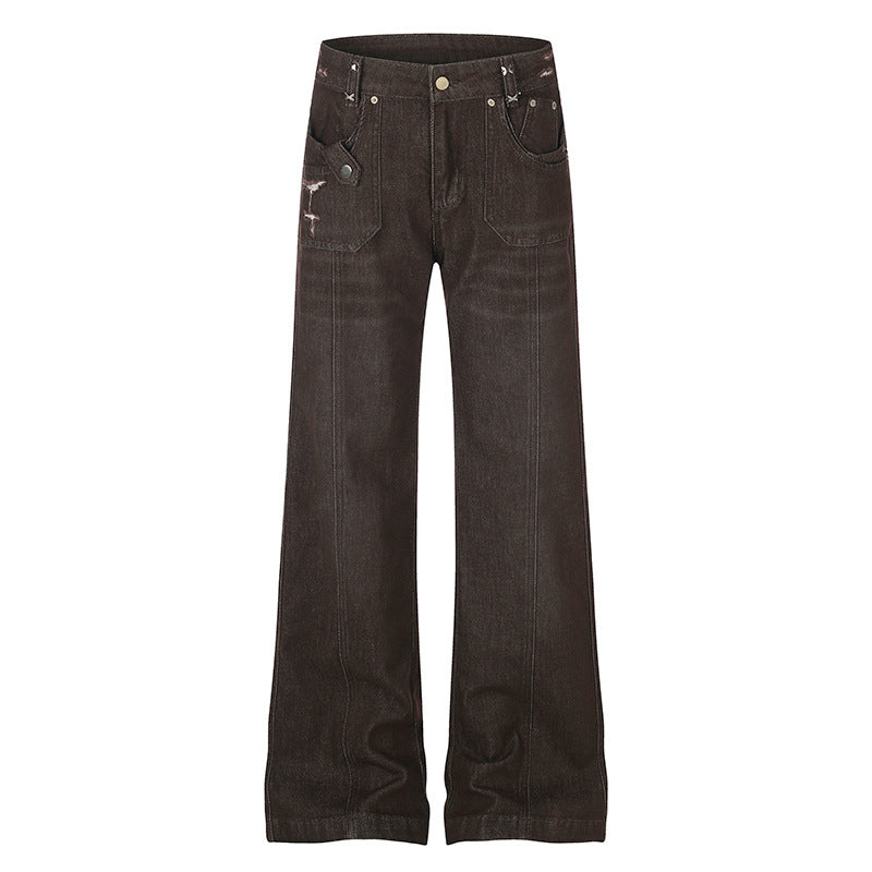 Damen Weite High‑Waist Denimhose mit geradem Bein und Utility‑Pattentaschen Nord Taschen