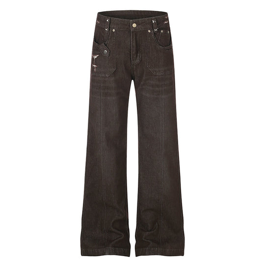 Damen Weite High‑Waist Denimhose mit geradem Bein und Utility‑Pattentaschen Nord Taschen