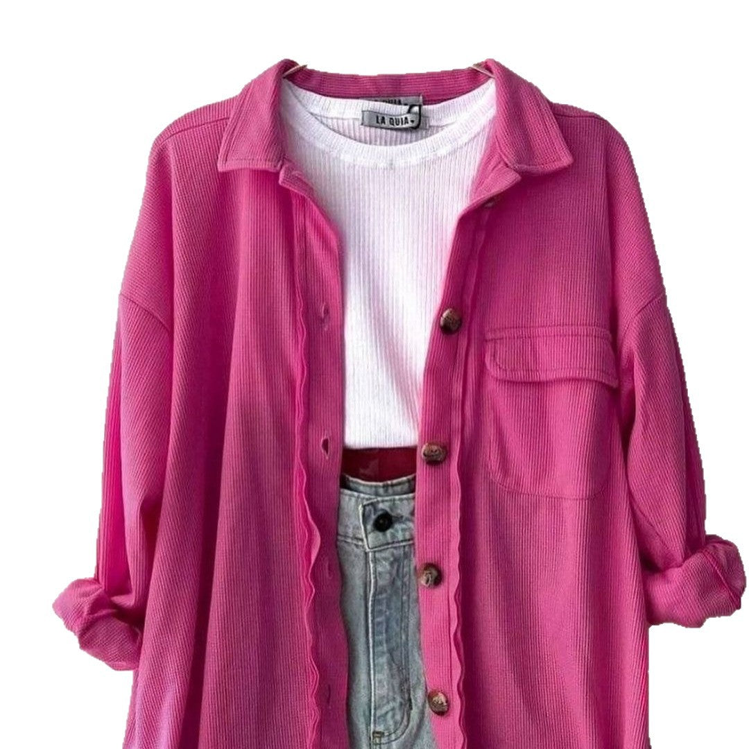 Damen Oversized Cordhemdjacke aus Breitcord mit Brusttasche und Holzknöpfen Nord Taschen