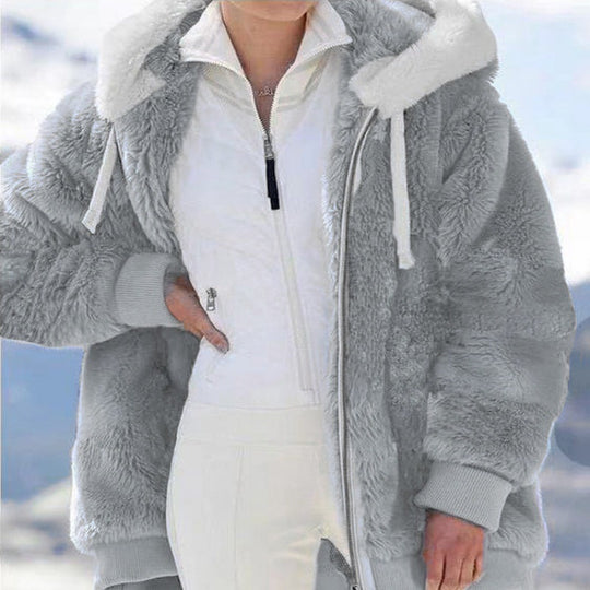 Damen Oversized Sherpa-Zipjacke mit Kontrastkragen, Rippbündchen und Kordelzug Nord Taschen