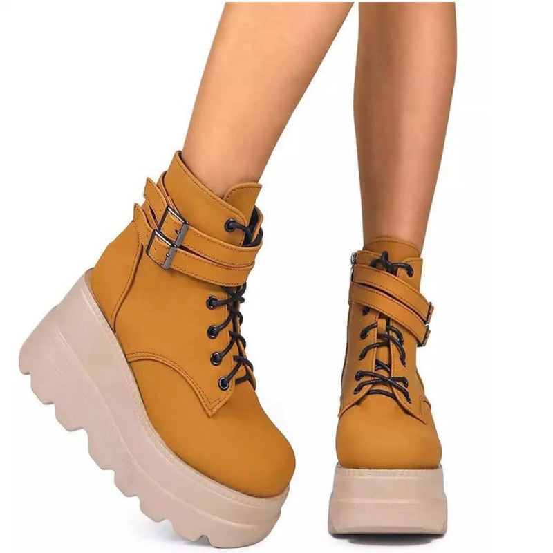 Damen Plateau-Stiefel mit modischem Schnallen-Design und praktischem Reißverschluss
