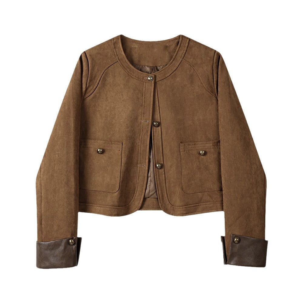 Damen Kurzjacke aus Veloursleder mit Rundhals, aufgesetzten Taschen & Umschlagmanschetten Nord Taschen