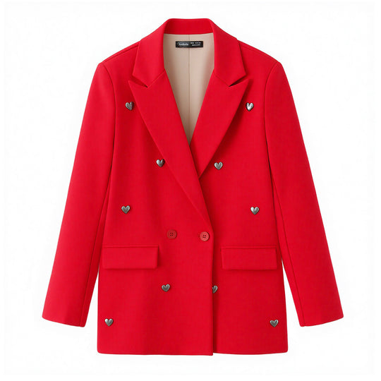 Damen Zweireihiger Blazer mit Herz‑Metalldetails und Pattentaschen Nord Taschen