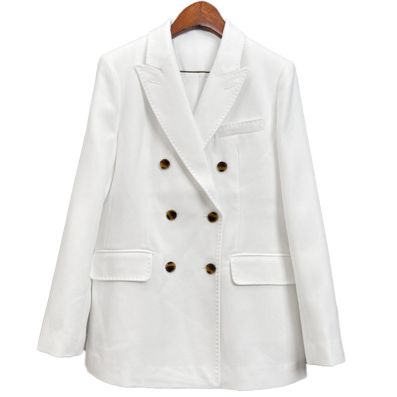 Damen Doppelreihiger taillierter Wollblazer mit Struktur und verstärkten Schultern Nord Taschen