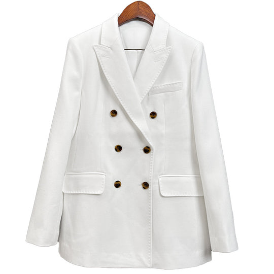 Damen Doppelreihiger taillierter Wollblazer mit Struktur und verstärkten Schultern Nord Taschen