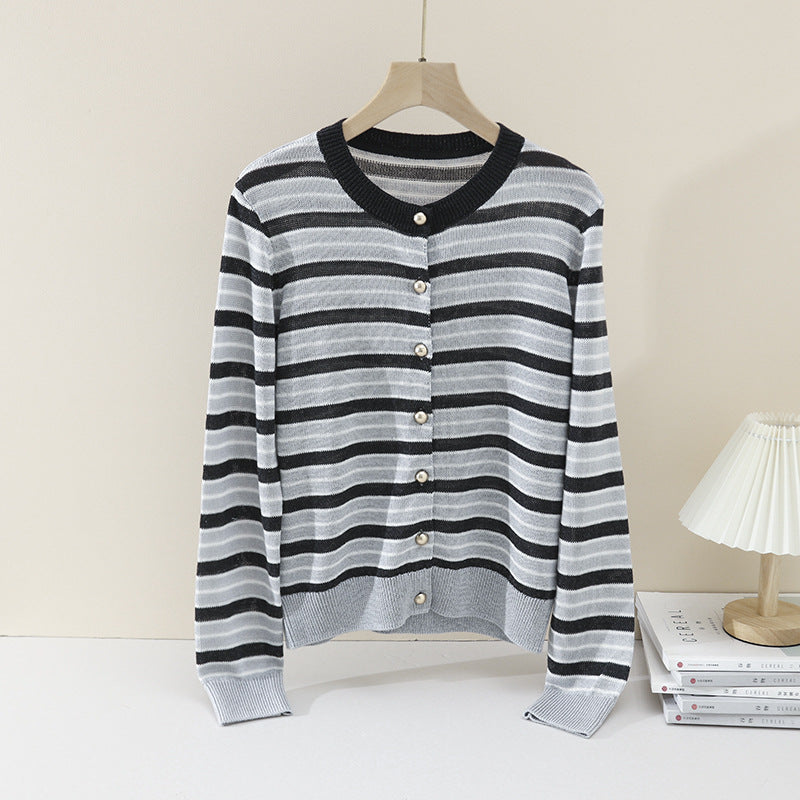 Damen Leichter Streifen-Cardigan aus Baumwollmix mit Perlmutt-Druckknöpfen und Rippbündchen Nord Taschen