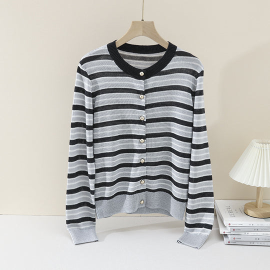 Damen Leichter Streifen-Cardigan aus Baumwollmix mit Perlmutt-Druckknöpfen und Rippbündchen Nord Taschen