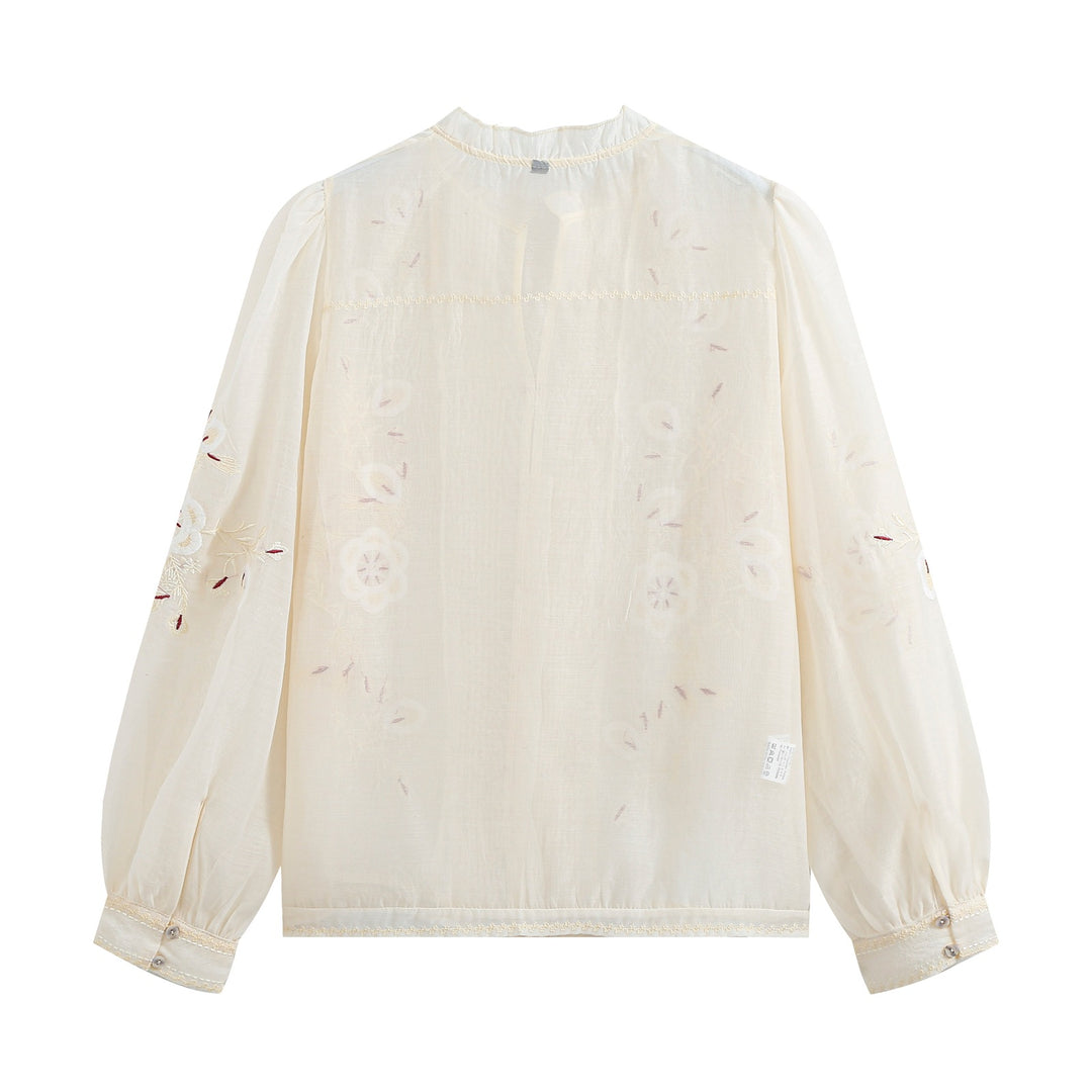 Damen Gestickte Vintage‑Bluse mit Biesen, Stehkragen und Ballonärmeln Nord Taschen