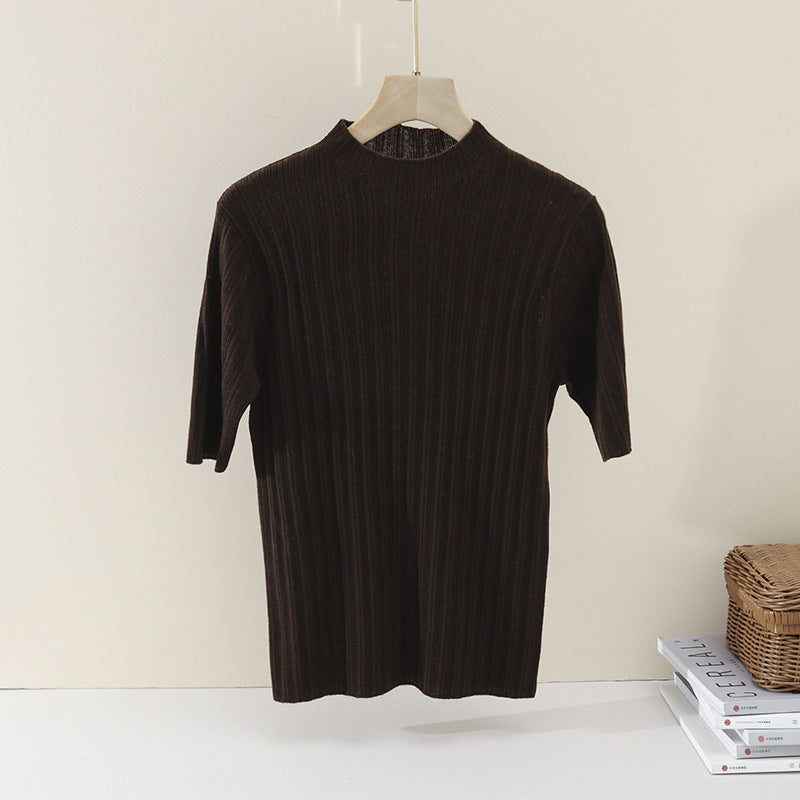 Damen Feines Geripptes Kurzarm-Feinstrickshirt mit Stehkragen Nord Taschen