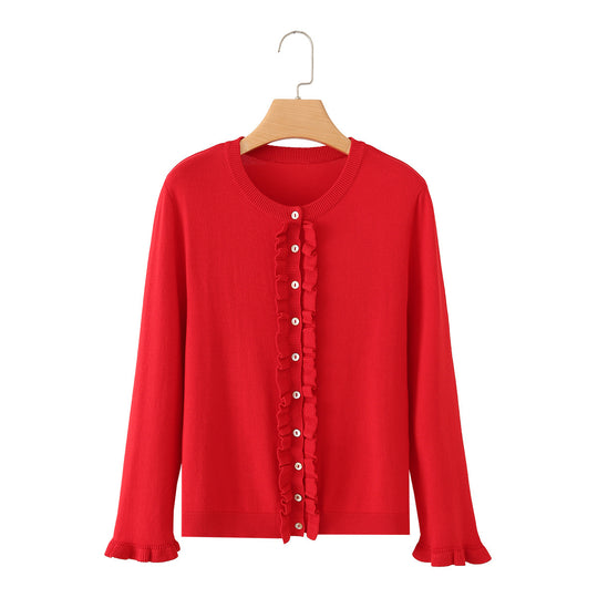 Damen Feinstrick-Cardigan mit Rüschenfront und Volantärmeln Nord Taschen