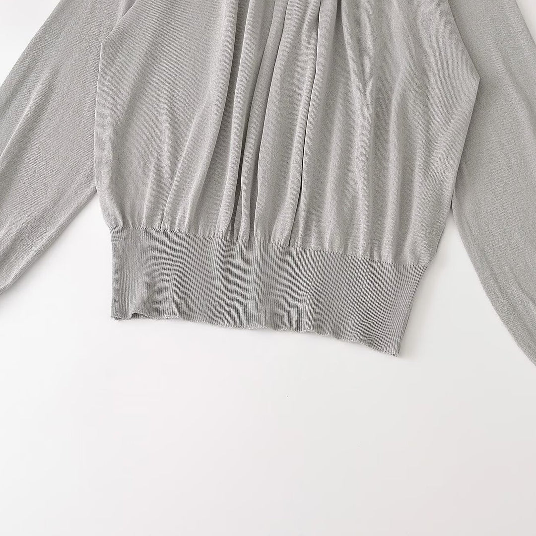 Damen Ballonärmel-Feinstrickpullover mit gerafftem Stehkragen und Knopfdetail Nord Taschen
