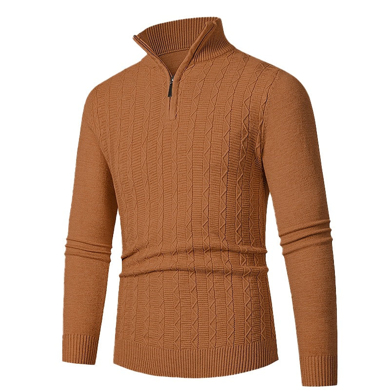 Herren Enganliegender Halbzip-Strukturpullover aus Merino‑Mix mit Zopfmuster und Stehkragen Nord Taschen
