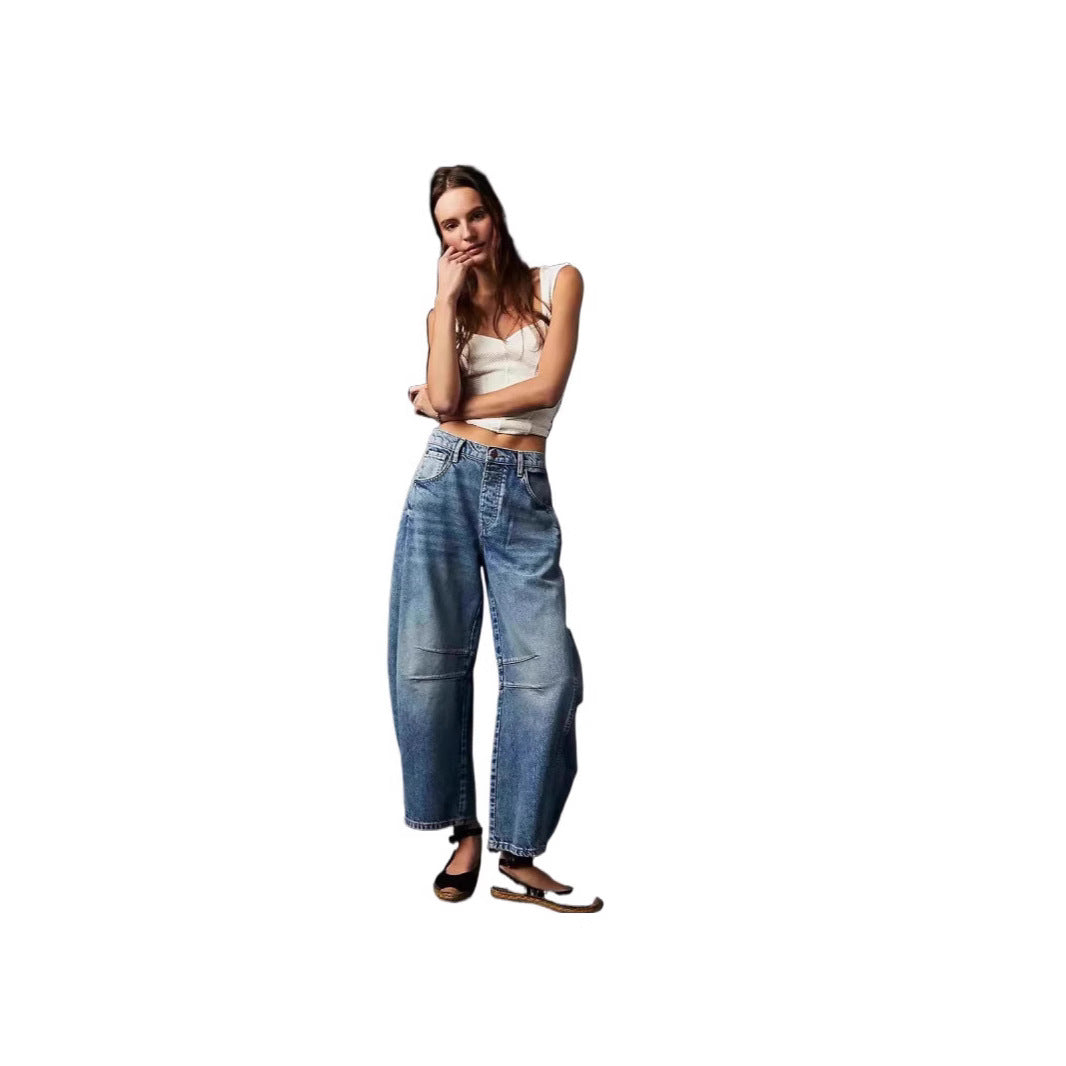 Damen weite Jeans mit hoher Taille, geradem Bein und entspanntem Sitz Nord Taschen