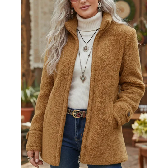 Damen Kuscheliger Teddy-Cardigan-Mantel mit Stehkragen, verdecktem Reißverschluss und Zierknopfmanschetten Nord Taschen