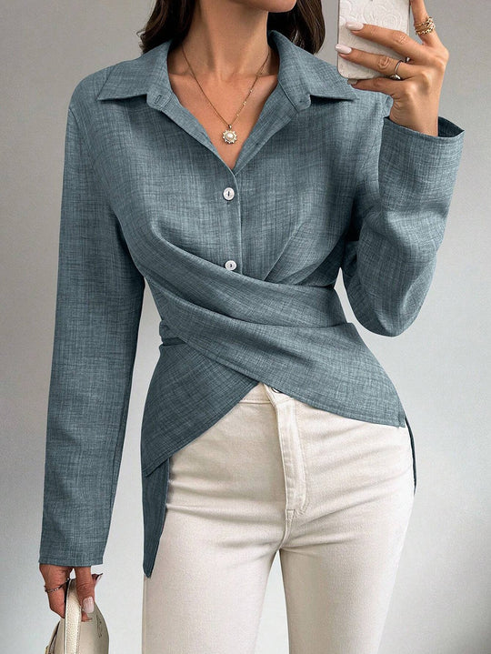 Damen Wickelbluse mit Hemdkragen, asymmetrischem Saum und seitlichen Schlitzen Nord Taschen