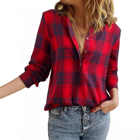 Damen Karo-Bluse im Oversize-Look mit V-Ausschnitt Knopfleiste und gerundetem Saum Nord Taschen