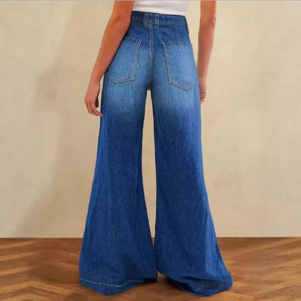 Damen High-Waist Denim-Palazzo-Hose mit fließendem Tellerfall und weitem Bein Nord Taschen