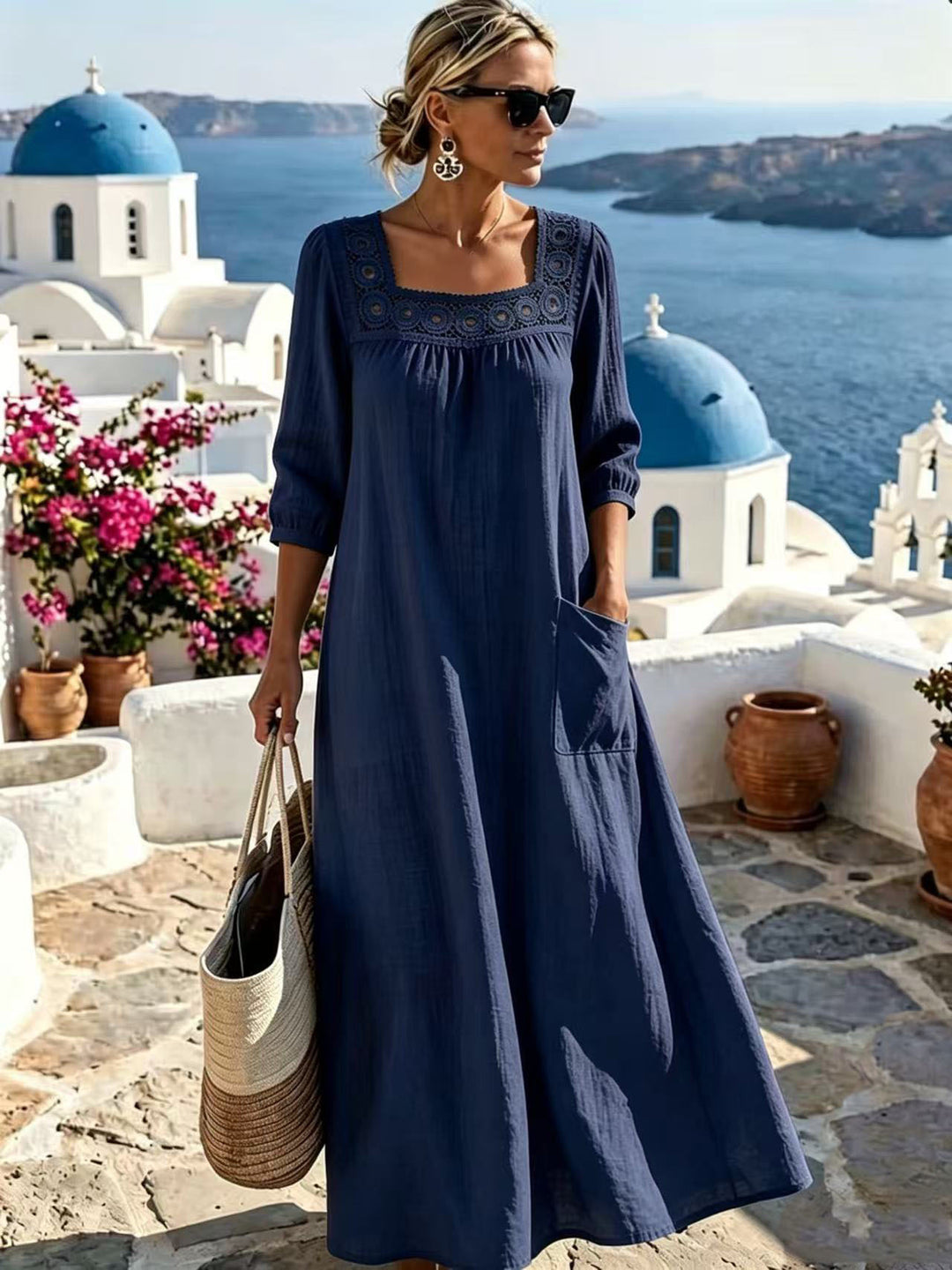 Damen Maxikleid mit gehäkeltem Quadrat-Ausschnitt, dreiviertel Ärmeln und Eingrifftasche Nord Taschen