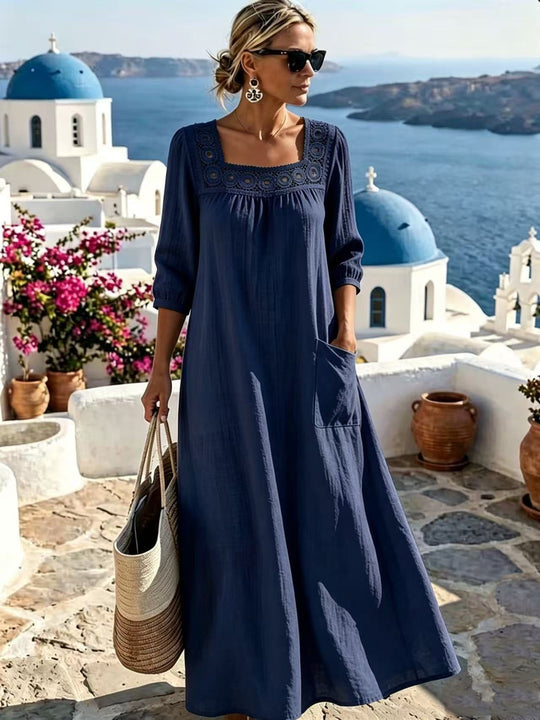 Damen Maxikleid mit gehäkeltem Quadrat-Ausschnitt, dreiviertel Ärmeln und Eingrifftasche Nord Taschen