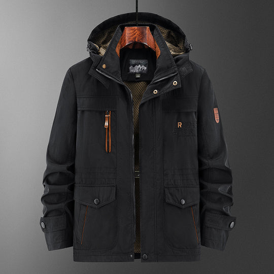 Herren Technische Feldjacke mit Kapuze, Multifunktionstaschen und atmungsaktivem Meshfutter Nord Taschen