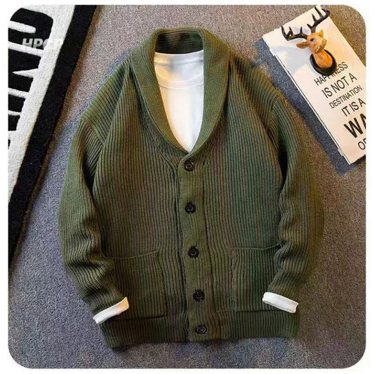 Herren Schalkragen-Cardigan aus grobem Rippstrick mit Taschen & Knopfleiste Nord Taschen