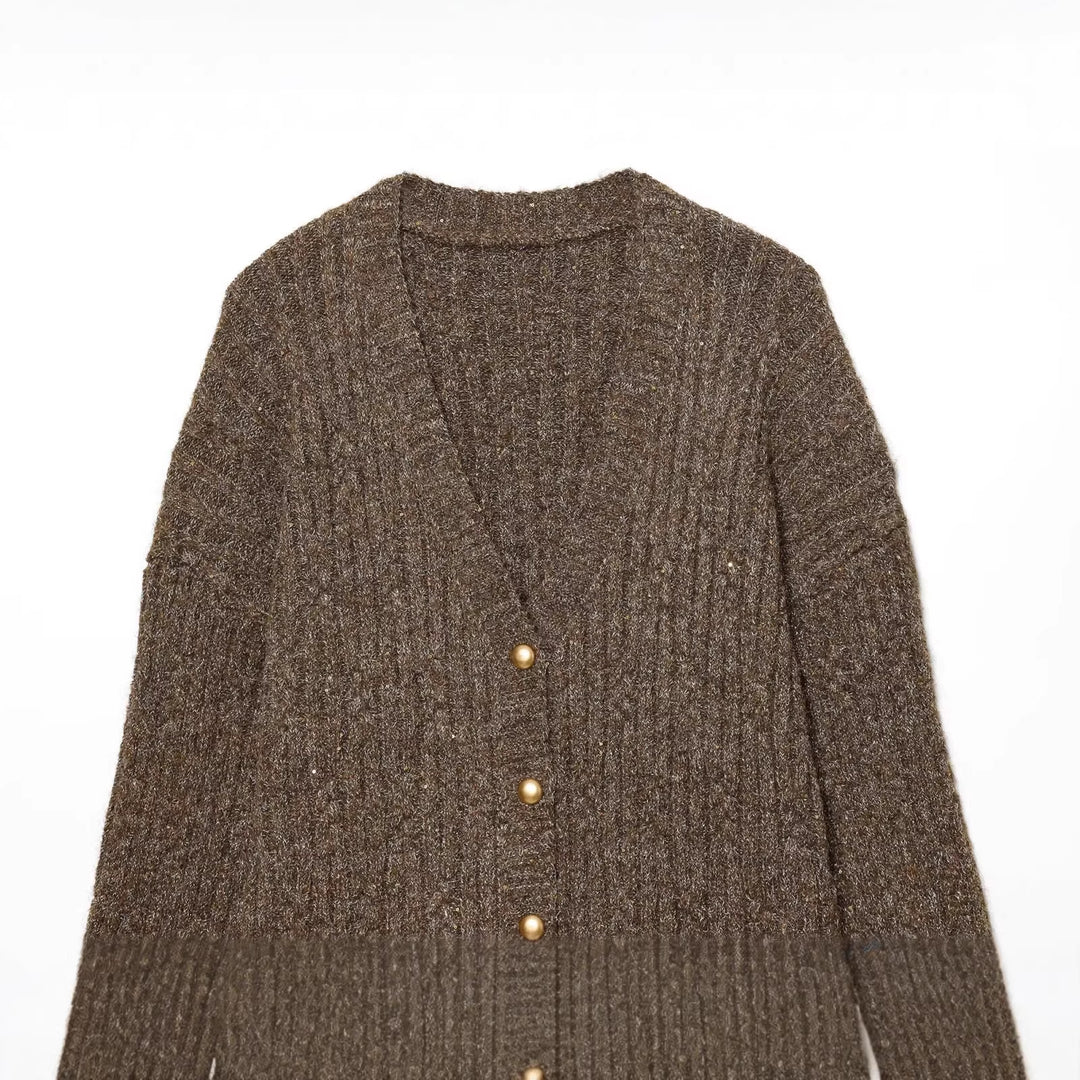 Damen Grobgestrickter V‑Neck Cardigan mit Perlmuttknöpfen und melierter Tweedoptik Nord Taschen