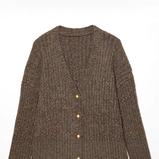 Damen Grobgestrickter V‑Neck Cardigan mit Perlmuttknöpfen und melierter Tweedoptik Nord Taschen