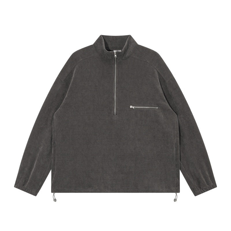 Unisex Oversize Halbzip-Pullover aus Cord‑Mix mit Brust-Reißverschlusstasche und Kordelzugsaum Nord Taschen