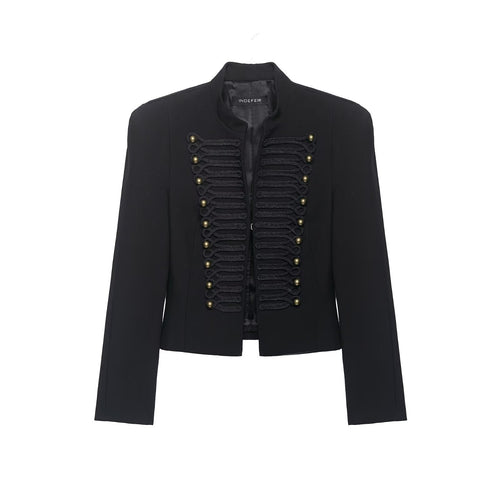 Damen Militärisch inspirierte Kurzjacke mit Stehkragen und Zierkordeln Nord Taschen