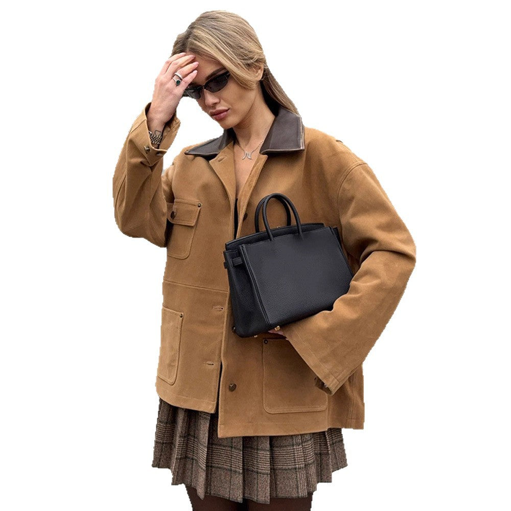 Damen Boxy Kurzjacke aus Veloursleder‑Optik mit Kontrastkragen & Pattentaschen Nord Taschen
