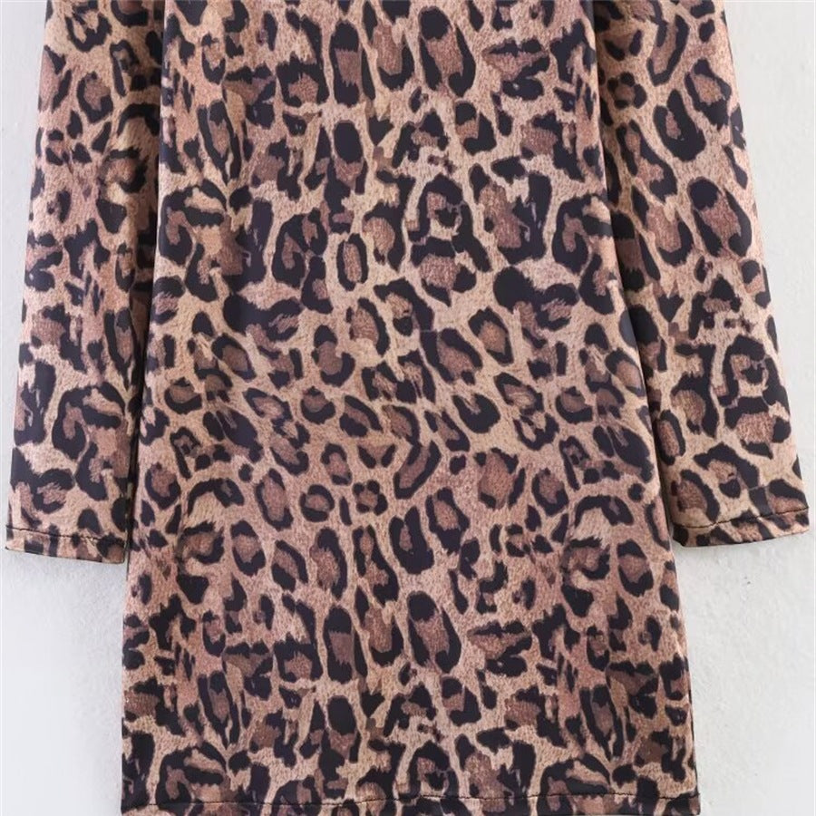 Damen Leoprint-Minikleid mit Rundhalsausschnitt, langen Ärmeln und A-Linien‑Silhouette Nord Taschen