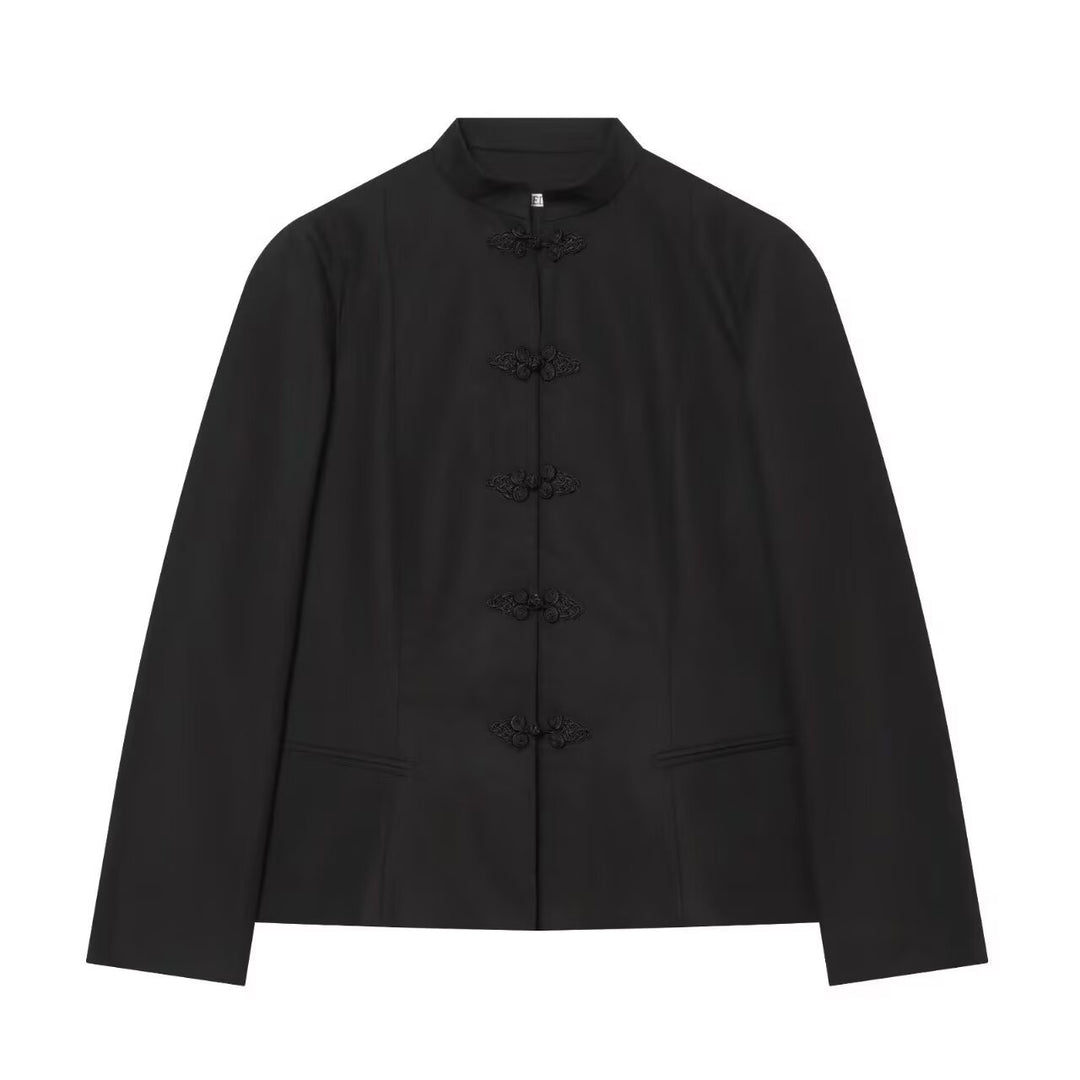 Damen Kurze taillierte Jacke mit Mandarin-Kragen und dekorativen Knotenverschlüssen Nord Taschen