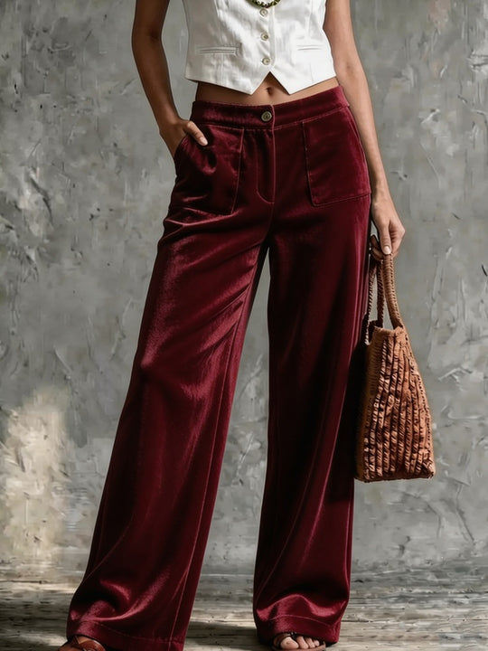 Damen Weite Samt-Palazzohose mit hoher Taille und aufgesetzten Taschen Nord Taschen