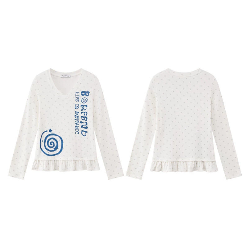 Damen Langarmshirt mit V-Ausschnitt, Rüschen-Saum und grafischem Spiralmotiv Nord Taschen