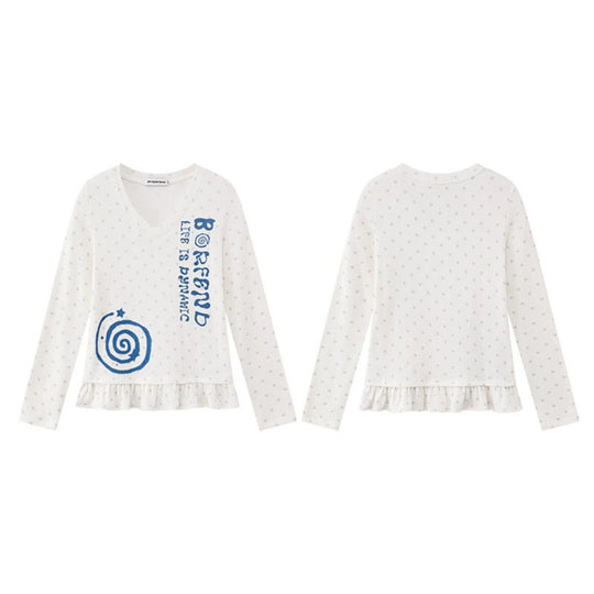 Damen Langarmshirt mit V-Ausschnitt, Rüschen-Saum und grafischem Spiralmotiv Nord Taschen