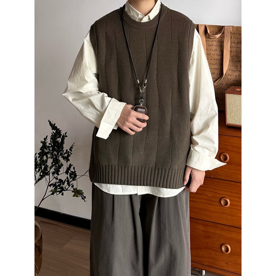 Herren Oversized Ärmellose Strickweste mit geripptem Saum und Rundhalsausschnitt Nord Taschen