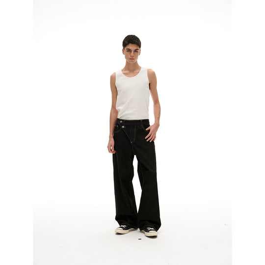 Damen High‑Waist weite Denim‑Hose mit asymmetrischer Knopfleiste und Kontrastnähten Nord Taschen