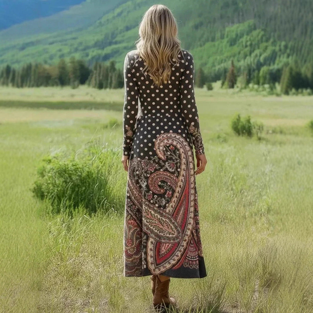 Damen Elegantes Maxikleid mit Punkten und Paisleymuster Nord Taschen
